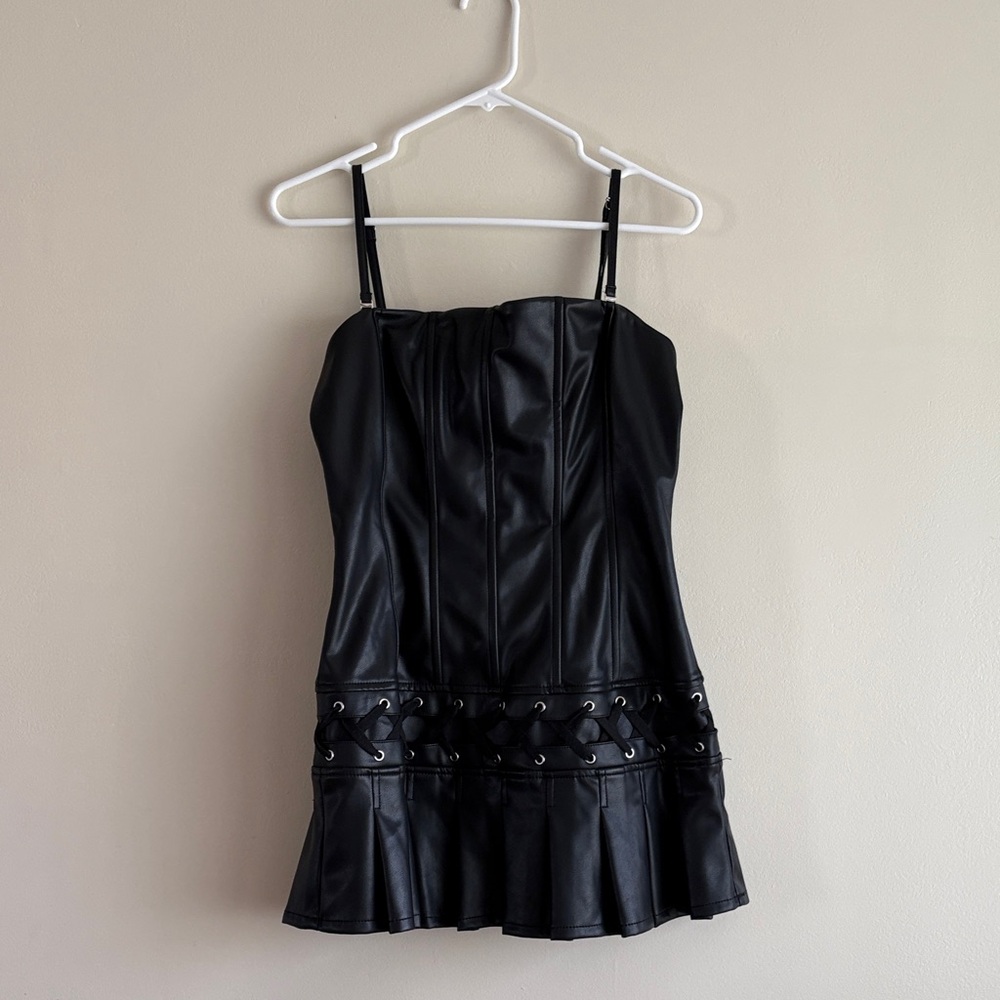 Dolls Kill Goth Faux Leather Lace Up Mini Dress